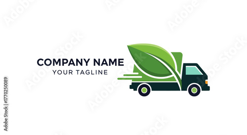 Eco friendly green leaf truck delivery logo design concept.