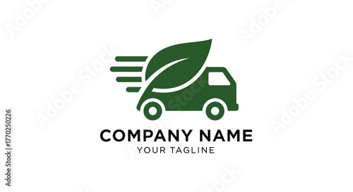 Eco friendly delivery truck logo with green leaf and fast speed.
