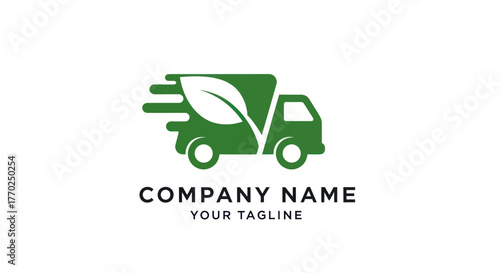 Eco friendly green delivery truck logo with a leaf symbol.