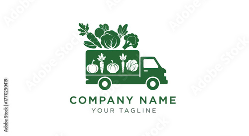 Green Delivery Truck Filled With Fresh Vegetables and Fruits Logo.