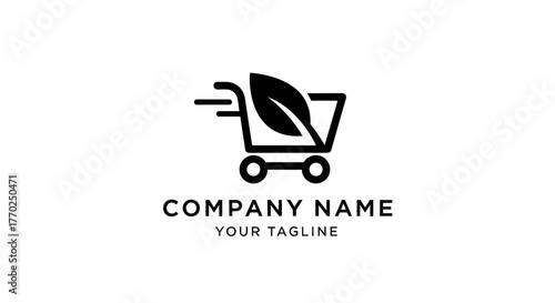 Eco-friendly shopping cart with leaf logo and motion lines.