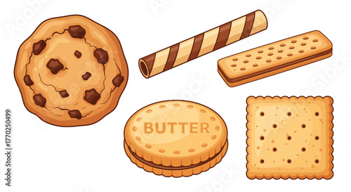 An assortment of various cookies and biscuits including chocolate chip, wafer roll, sandwich, and cracker types.