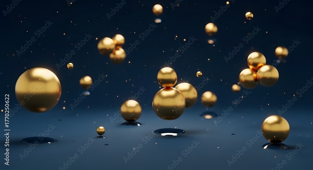Fototapeta premium Abstract golden spheres forming molecular structures floating above a reflective dark blue surface with sparkling particles.