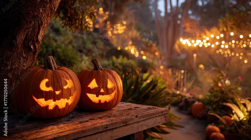 Fototapeta premium Two carved pumpkins glow warmly on a wooden table with festive lights.