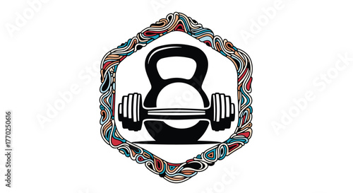 Fitness equipment, a black kettlebell and dumbbell, framed by a vibrant, intricate pattern, symbolizing health and exercise.