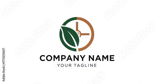 Green Leaf and Clock Logo Representing Sustainable Time Management.