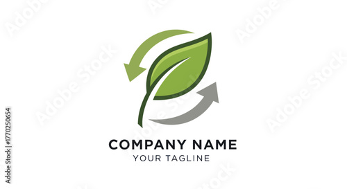 Eco friendly green leaf logo with circular recycling arrows.