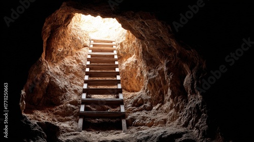 Wooden ladder leads out of dark cave to bright opening.
