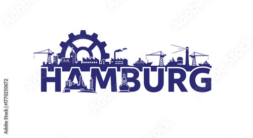 A stylized blue silhouette depicting the city of Hamburg's industrial and port landscape, with iconic structures above the city name.