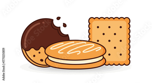 Illustration of three different types of cookies, including a chocolate-covered one.