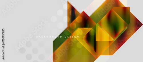 Abstract geometric shapes, vibrant colors, modern design. Overlapping layers create dynamic visual effect. Light gradients, soft shadows present.