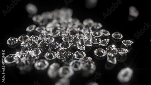 Sparkling gemstones on a black glossy background.