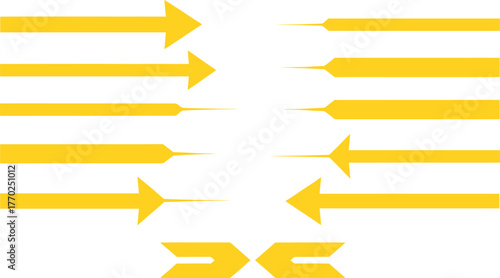 Set of Yellow Arrows and Geometric Shapes on White Background Keywords: arrows, yellow, direction, pointer, graphic, design, element, set, collection, isolated, white background, shape, geometric