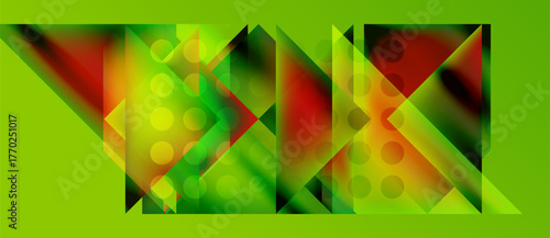 Abstract geometric composition. Vivid colors blend, creating dynamic triangular patterns. Bright green background emphasizes shapes.