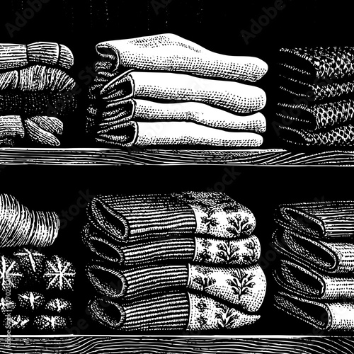 Black and white illustration of folded clothes on shelves