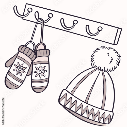 Illustration of winter hat and mittens hanging on a rack