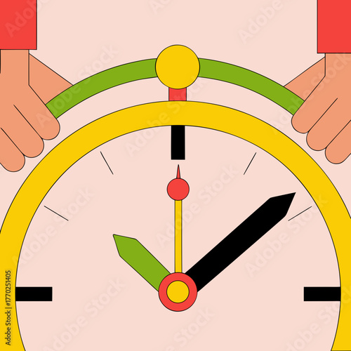 Hands adjusting the time on a large yellow clock with green accents
