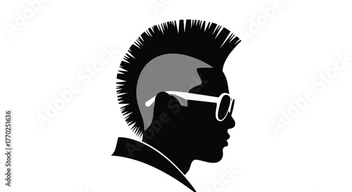 Stylish black silhouette of a person's head in profile with a bold mohawk haircut and cool sunglasses, against a clean white background.