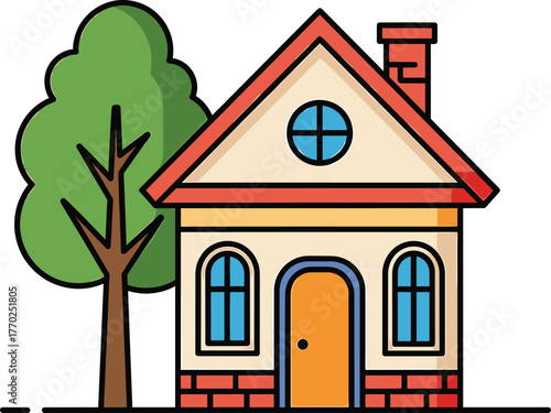 Simple Cartoon House with Tree and Orange Door home building