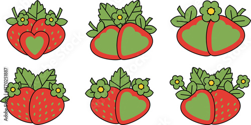 Six Cartoon Strawberry Illustrations with Leaves and Flowers on White Background Keywords: strawberry, fruit, illustration, cartoon, drawing, red, green, leaves, flowers, yellow, nature, food