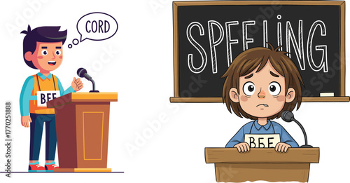 Cartoon spelling bee kids, confident and nervous students, academic competition, school challenge, childhood emotions, vector illustration, educational theme, student performance