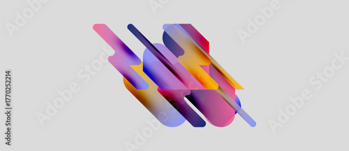 Abstract colorful shapes overlap, creating dynamic composition. Gradient hues blend, offering modern aesthetic. Light background enhances vibrancy.