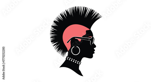 Silhouette of a stylish person with a mohawk, sunglasses, and choker, embodying a punk or alternative fashion aesthetic.