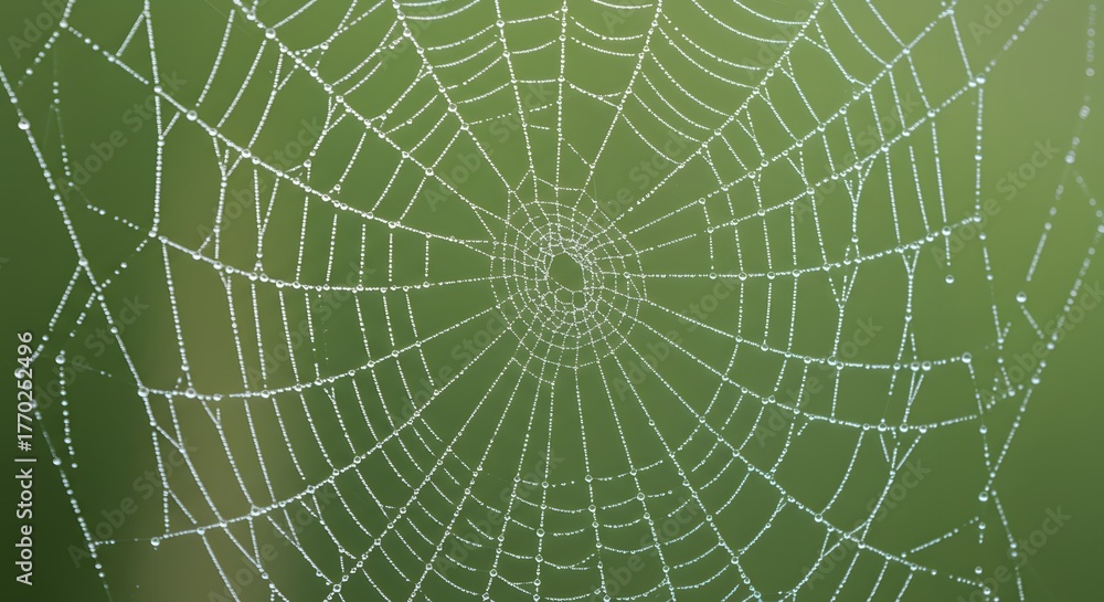 Obraz premium Close-up of Dew-covered Spider Web on Green Background Natural Spider Web with Dew Drops