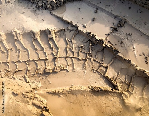 Tire tracks in wet, light brown dirt