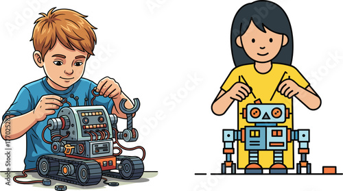 Children building robots, boy assembling mechanical robot, girl constructing colorful robot, STEM education, hands-on learning, engineering activity, vector illustration