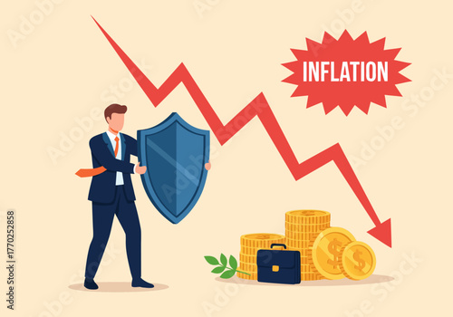 Businessman defending assets from inflation and economic crisis with a shield, symbolizing financial protection, business resilience, and strategic investment in challenging times