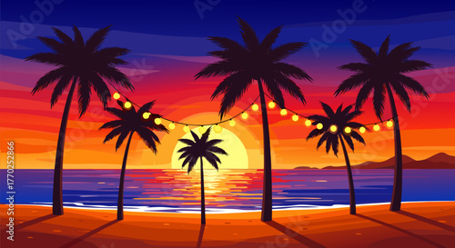Tropical Beach Sunset with Palm Trees and String Lights