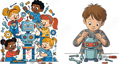 Children building robots, teamwork and solo effort, STEM education activity, engineering tools, hands-on learning, robotics concept, vector illustration, school theme