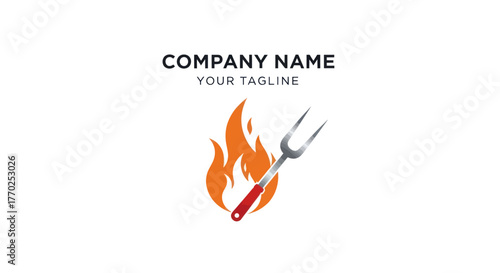 Logo featuring flames and a barbecue fork, ideal for a grilling company.