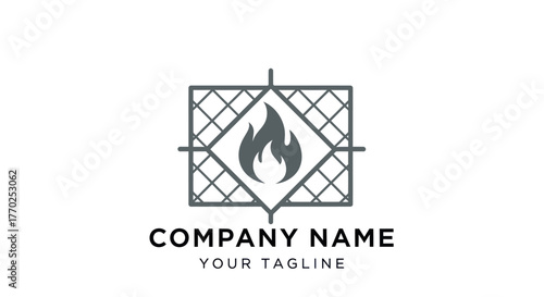 Grill logo design with fire flame inside diamond shape for company branding.