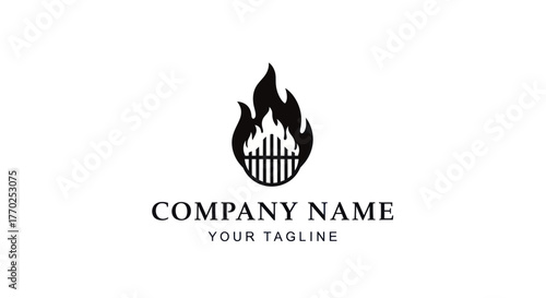 Minimalist Barbecue Grill with Flames Logo Design.