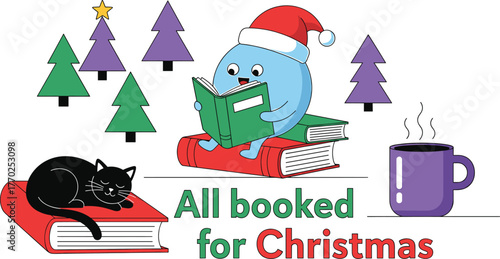 Whimsical Christmas scene with a blue character reading on books next to a sleeping cat and a hot drink