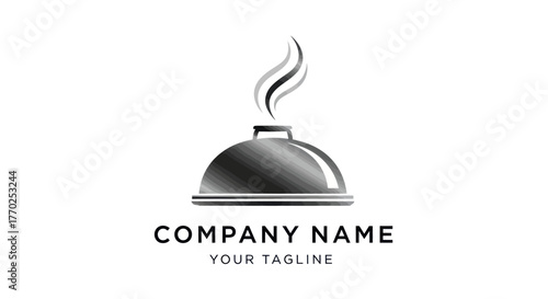 Elegant silver cloche logo with steam for a restaurant business.