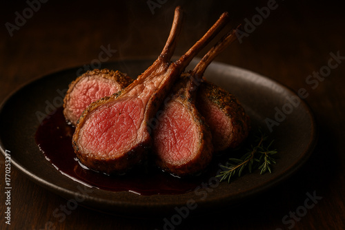 Gourmet Herb-Crusted Rack of Lamb Served Medium-Rare with Red Wine Sauce on Elegant Black Plate