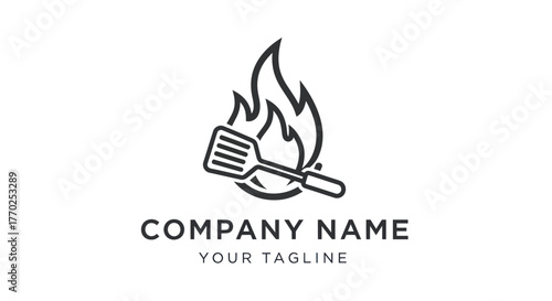 Minimalist BBQ Logo Design with Spatula and Flames for Grilling Company.