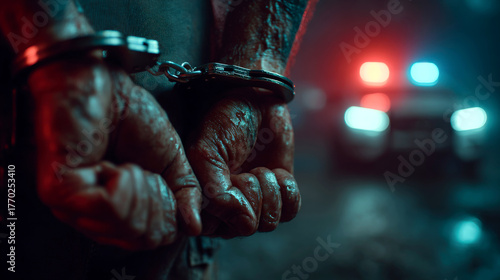 Close-up of arrested man's hands in handcuffs with police lights at night