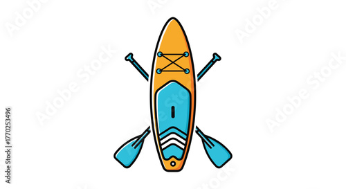 Vibrant orange stand-up paddleboard with a blue deck pad and two crossed paddles, ready for summer water sports adventures.