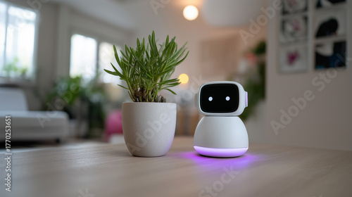 Robotic smart assistant device next to a houseplant on a home desk