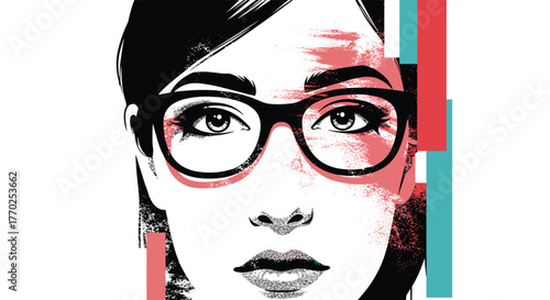 Stylized portrait of a thoughtful young woman with dark hair and trendy glasses, featuring a retro aesthetic with distressed textures and abstract color blocks.