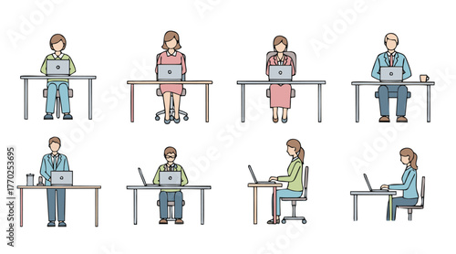 Set of diverse people working on laptops. Vector collection illustrating remote work, office staff, business communication, and productivity.