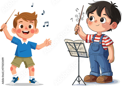 Cute cartoon boys conducting music with sticks, happy children learning melody with music notes and sheet, fun kids performing orchestra illustration