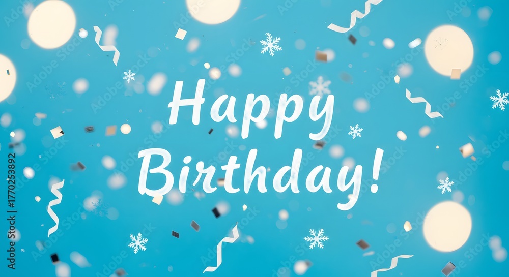 Fototapeta premium Happy Birthday Celebration with Blue Background Confetti Snowflakes and Light Bokeh