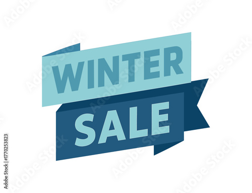 Flat vector banner design text Winter Sale bold geometric font icy blue and navy palette ribbon folded shape isolated on white marketing approved bright palette with balanced saturation