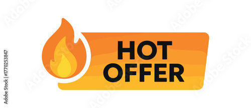 Flat vector banner design icon of small flame next to bold text HOT OFFER bright orange gradient bar clean flat style isolated on white marketing approved bright palette with balanced