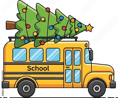 Yellow School Bus Carrying a Decorated Christmas Tree on its Roof Keywords: school bus, yellow bus, christmas tree, christmas, holiday, tree, decorated, ornaments, star, lights, transportation